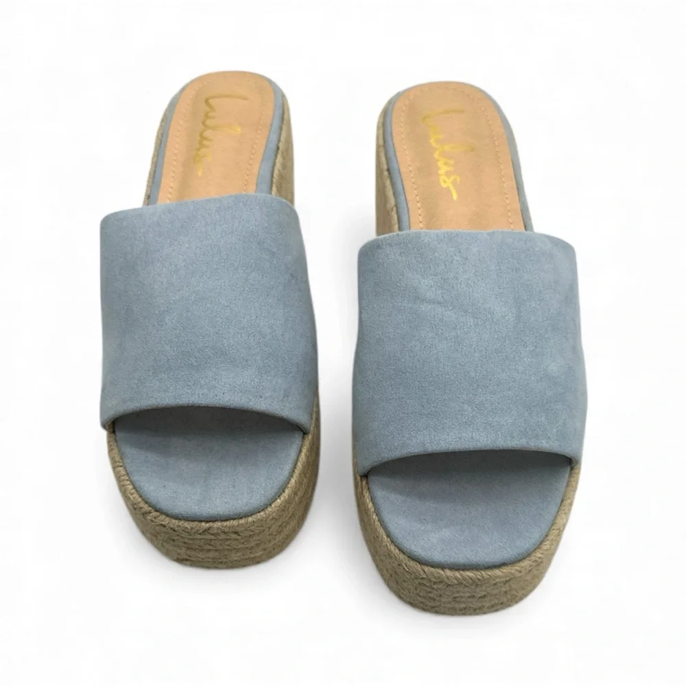 New in‎ box | Lulu's Baby Blue Suede O’ahu 2 Platform Espadrille Slides